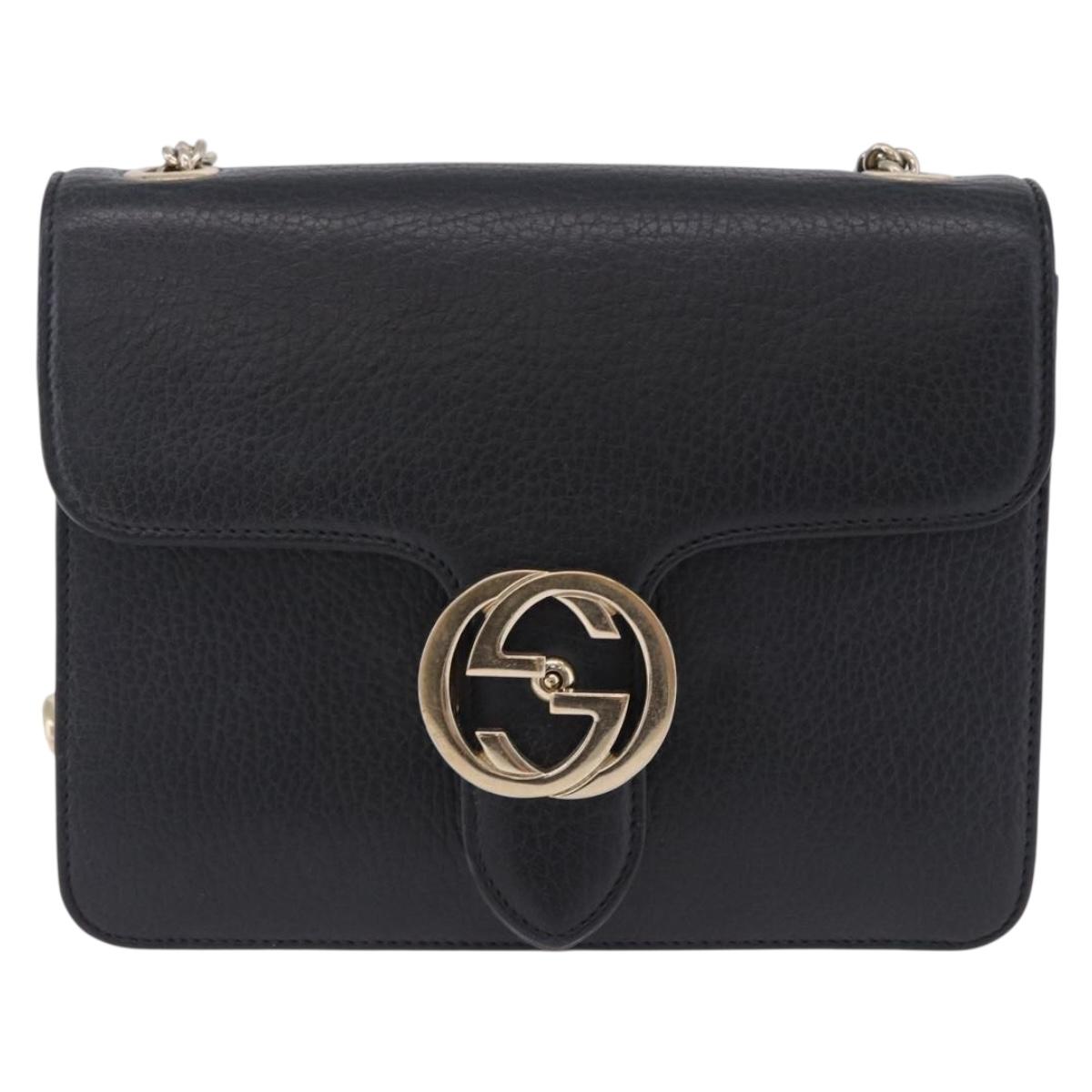 GUCCI Interlocking Chain Bag Leather Outlet Black Gold 510304 Auth 203114V