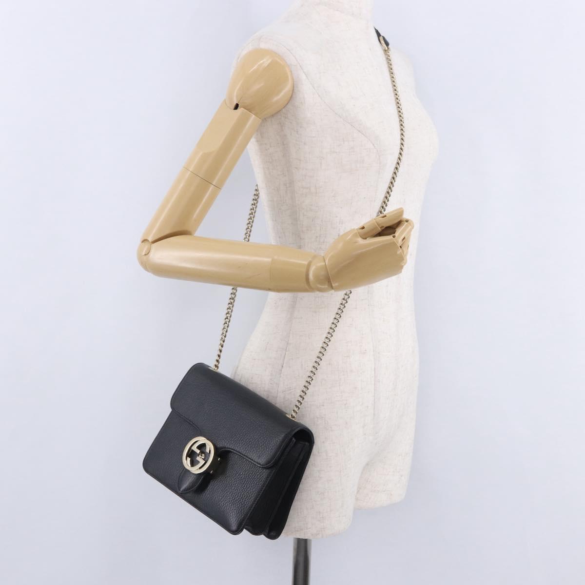 GUCCI Interlocking Chain Bag Leather Outlet Black Gold 510304 Auth 203114V