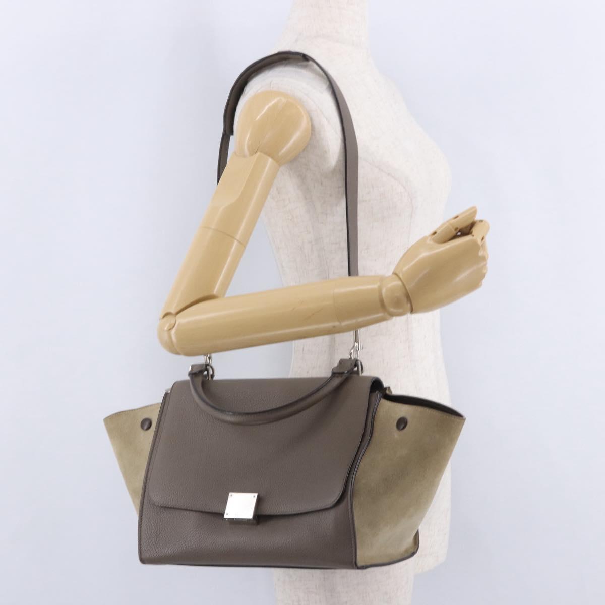 CELINE Trapeze Hand Bag Suede Leather 2way Beige Silver Auth 203116V