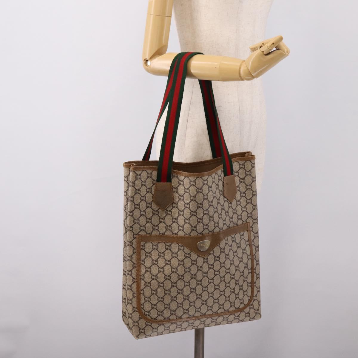 GUCCI GG Plus Supreme Web Sherry Line Tote Bag PVC Beige Gold Auth 203128