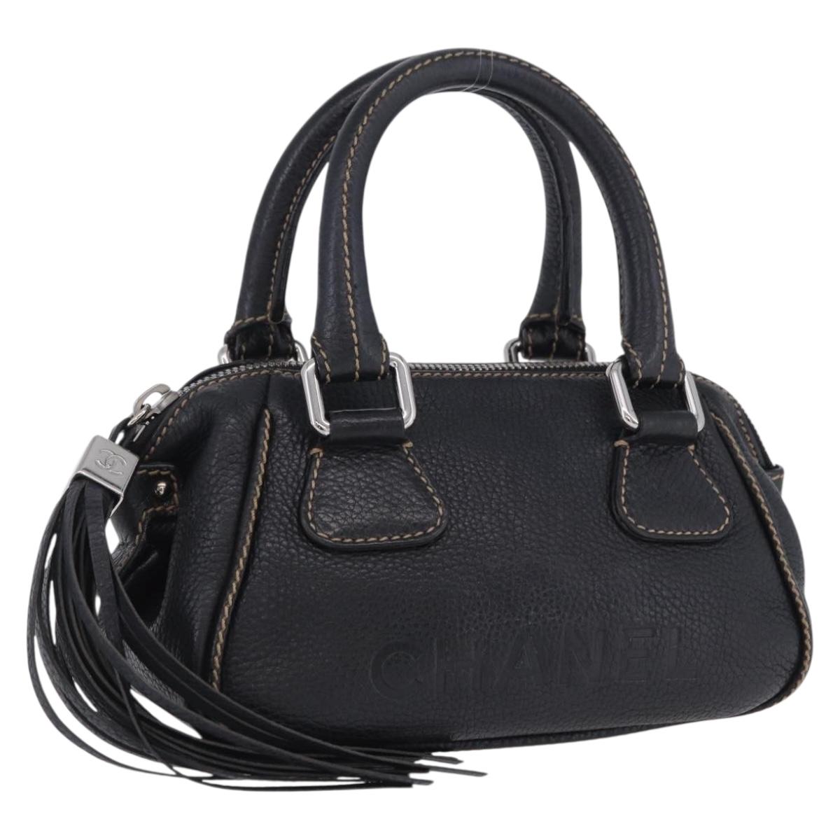 CHANEL Hand Bag Caviar Skin Black Silver CC Auth 203129V