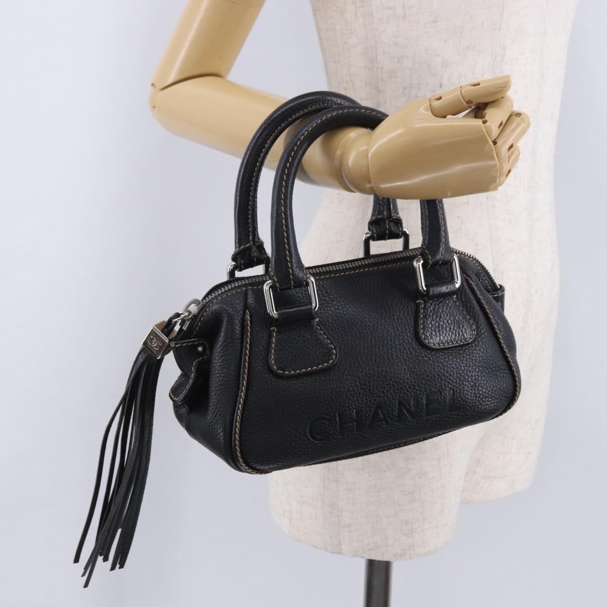 CHANEL Hand Bag Caviar Skin Black Silver CC Auth 203129V