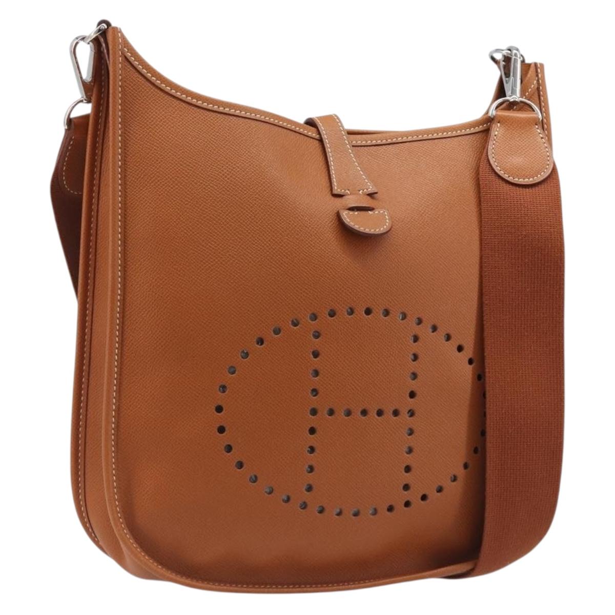 HERMES Evelyn PM Shoulder Bag Leather Brown Silver Auth 203135SAM