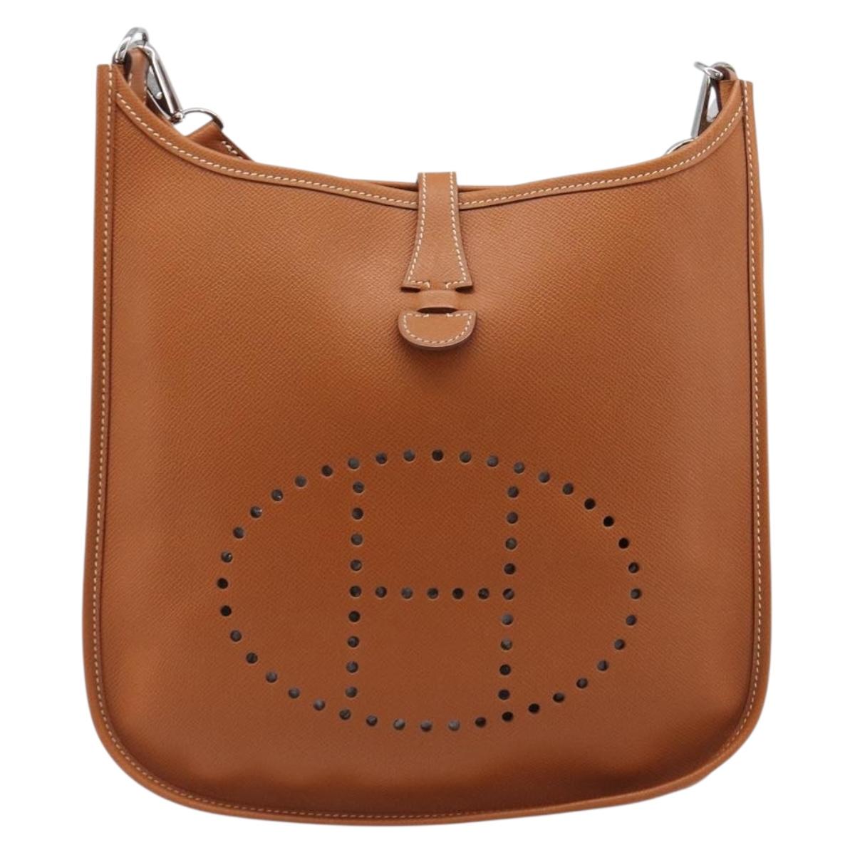 HERMES Evelyn PM Shoulder Bag Leather Brown Silver Auth 203135SAM