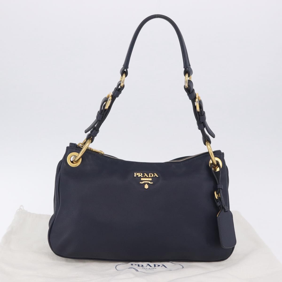 PRADA Shoulder Bag Leather Navy Gold Auth 203139V