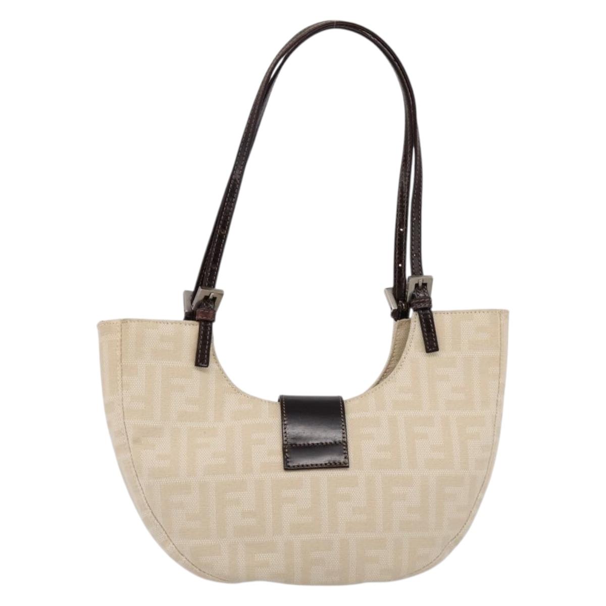 FENDI Zucca Canvas Mamma Baguette Shoulder Bag Beige Silver Auth 203140V