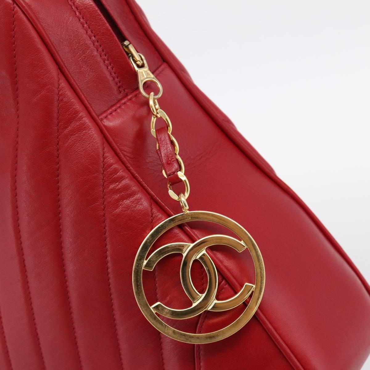 CHANEL V stitch Hand Bag Lamb Skin Red Gold CC Auth 203141