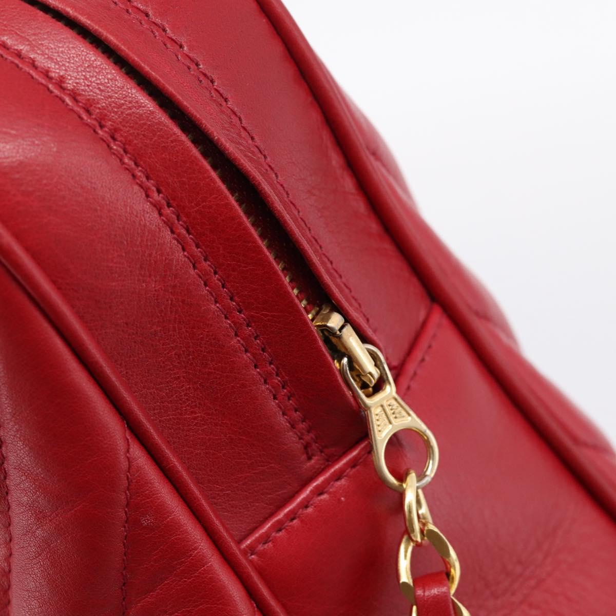 CHANEL V stitch Hand Bag Lamb Skin Red Gold CC Auth 203141