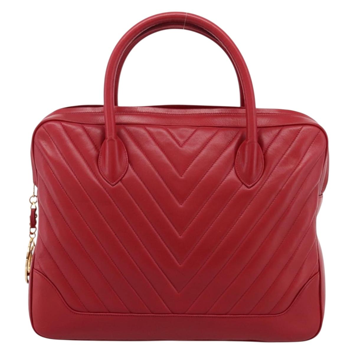 CHANEL V stitch Hand Bag Lamb Skin Red Gold CC Auth 203141