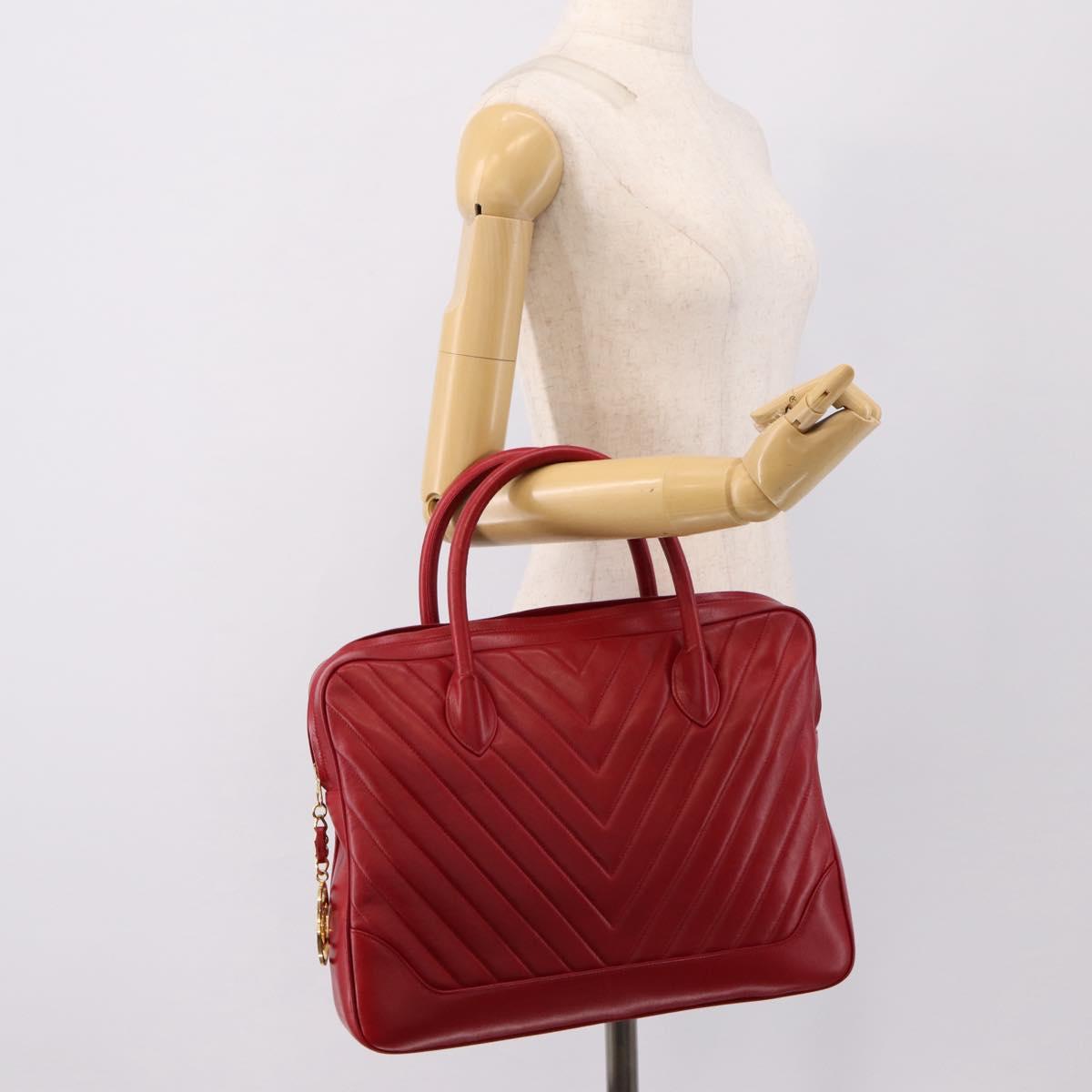 CHANEL V stitch Hand Bag Lamb Skin Red Gold CC Auth 203141