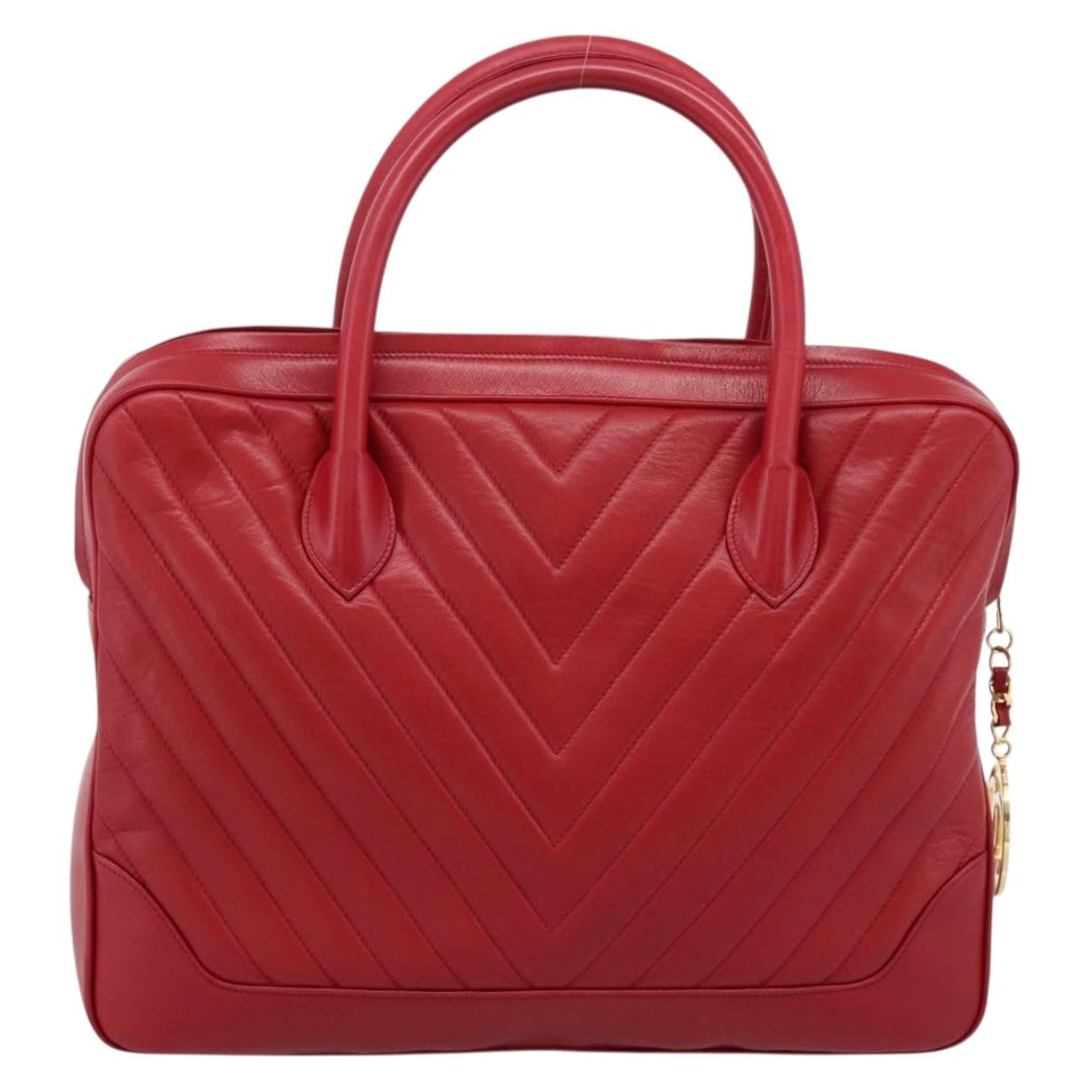 CHANEL V stitch Hand Bag Lamb Skin Red Gold CC Auth 203141