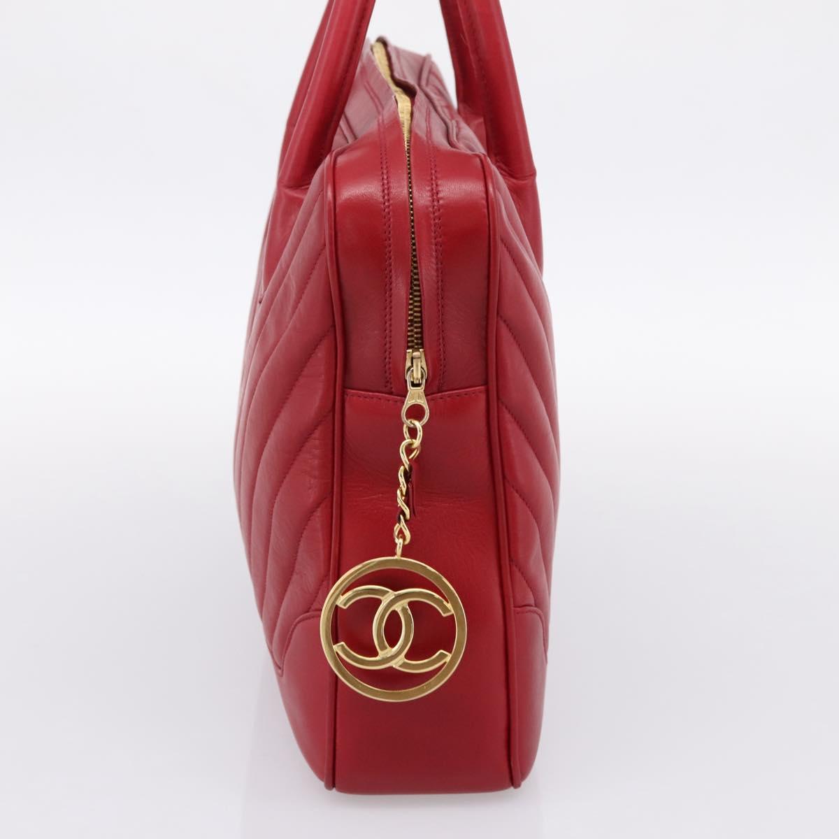CHANEL V stitch Hand Bag Lamb Skin Red Gold CC Auth 203141