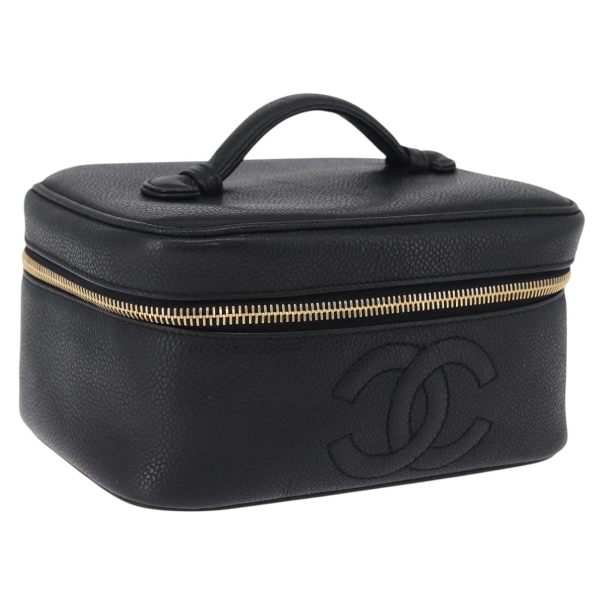 CHANEL Vanity Hand Bag Caviar Skin Black Gold CC Auth 203153V