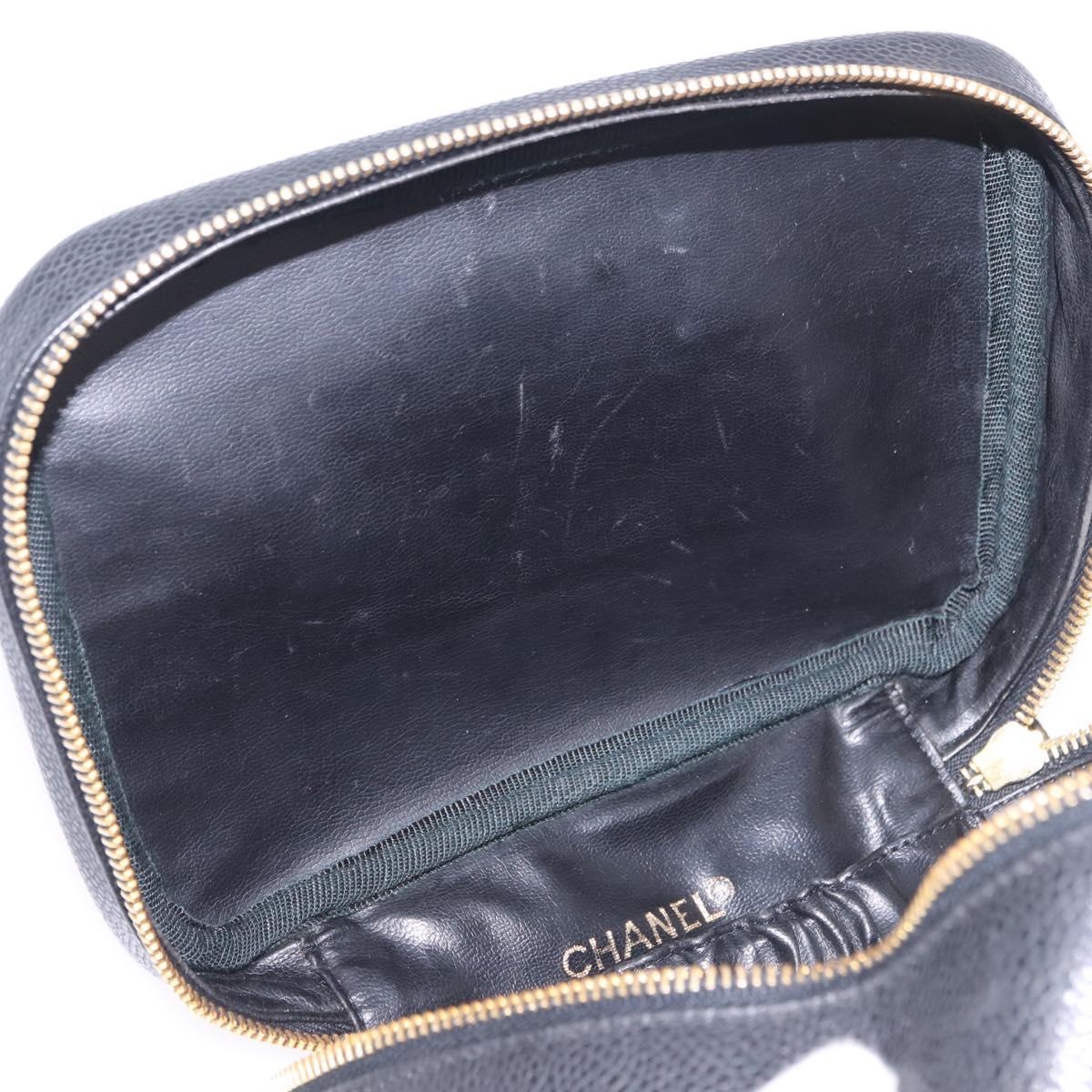 CHANEL Vanity Hand Bag Caviar Skin Black Gold CC Auth 203153V