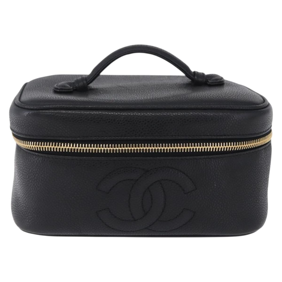CHANEL Vanity Hand Bag Caviar Skin Black Gold CC Auth 203153V