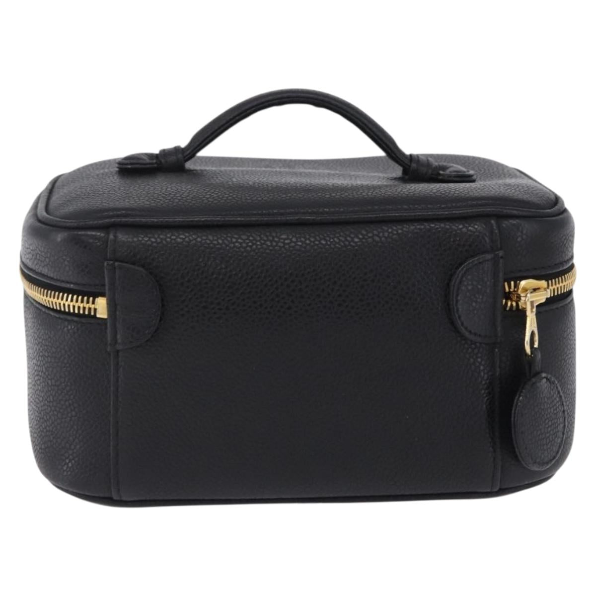 CHANEL Vanity Hand Bag Caviar Skin Black Gold CC Auth 203153V
