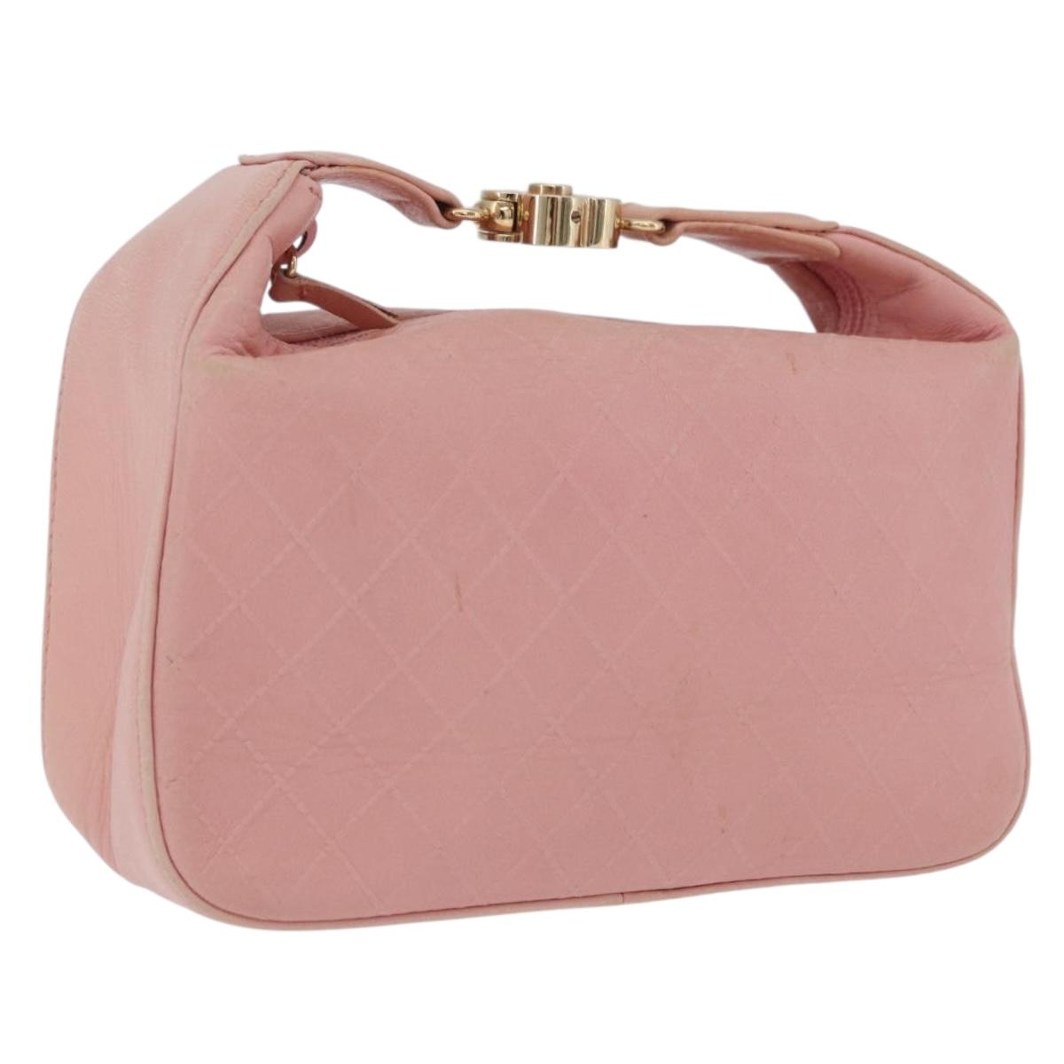 CHANEL Bicolore Camelia Pouch Leather Pink Gold CC Auth 203157