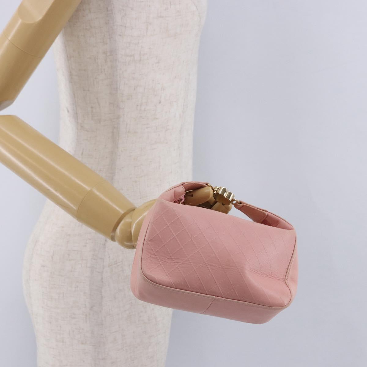 CHANEL Bicolore Camelia Pouch Leather Pink Gold CC Auth 203157