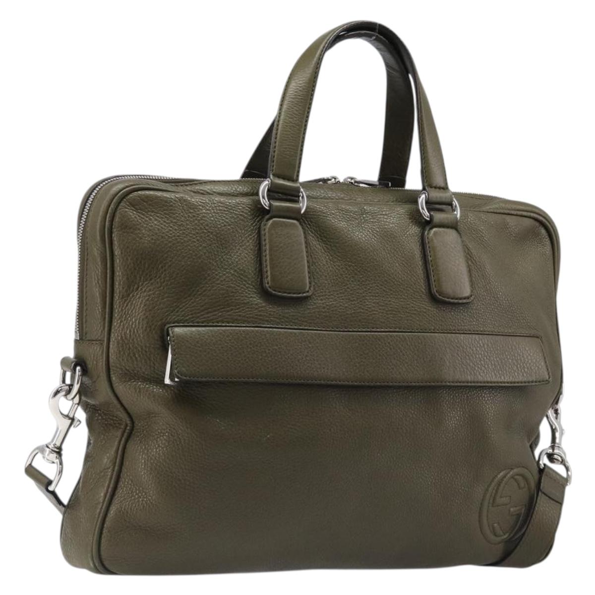 GUCCI Business Bag Leather 2way Khaki Silver 322957 Auth 203179A