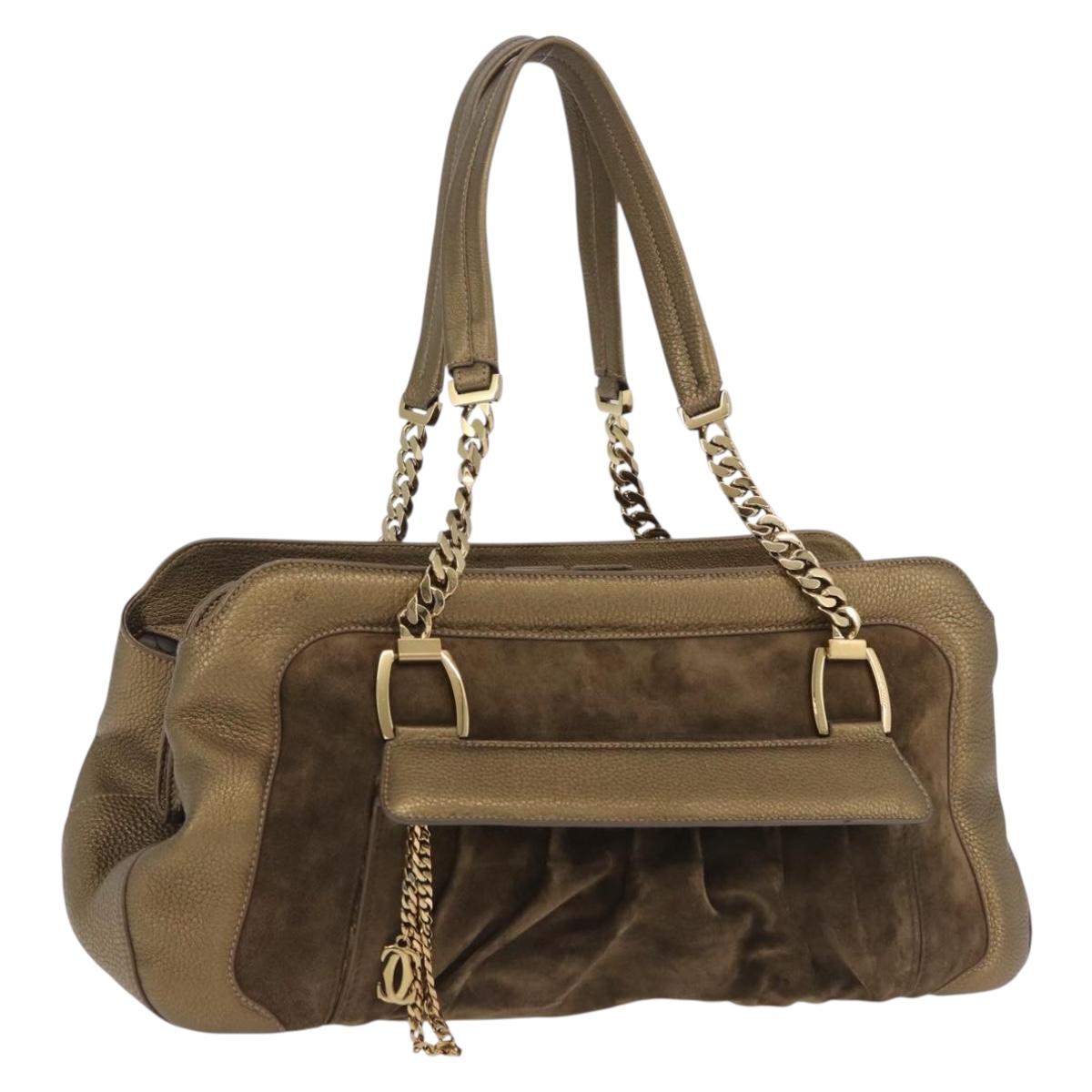 CARTIER Shoulder Bag Suede Green Gold Auth 203184V