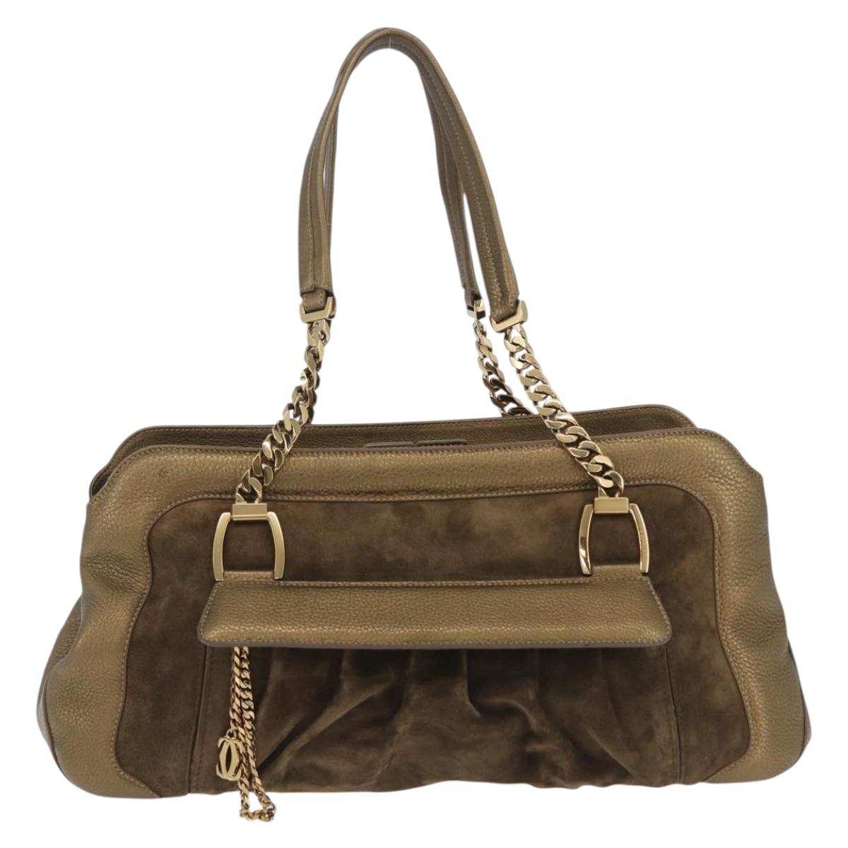 CARTIER Shoulder Bag Suede Green Gold Auth 203184V