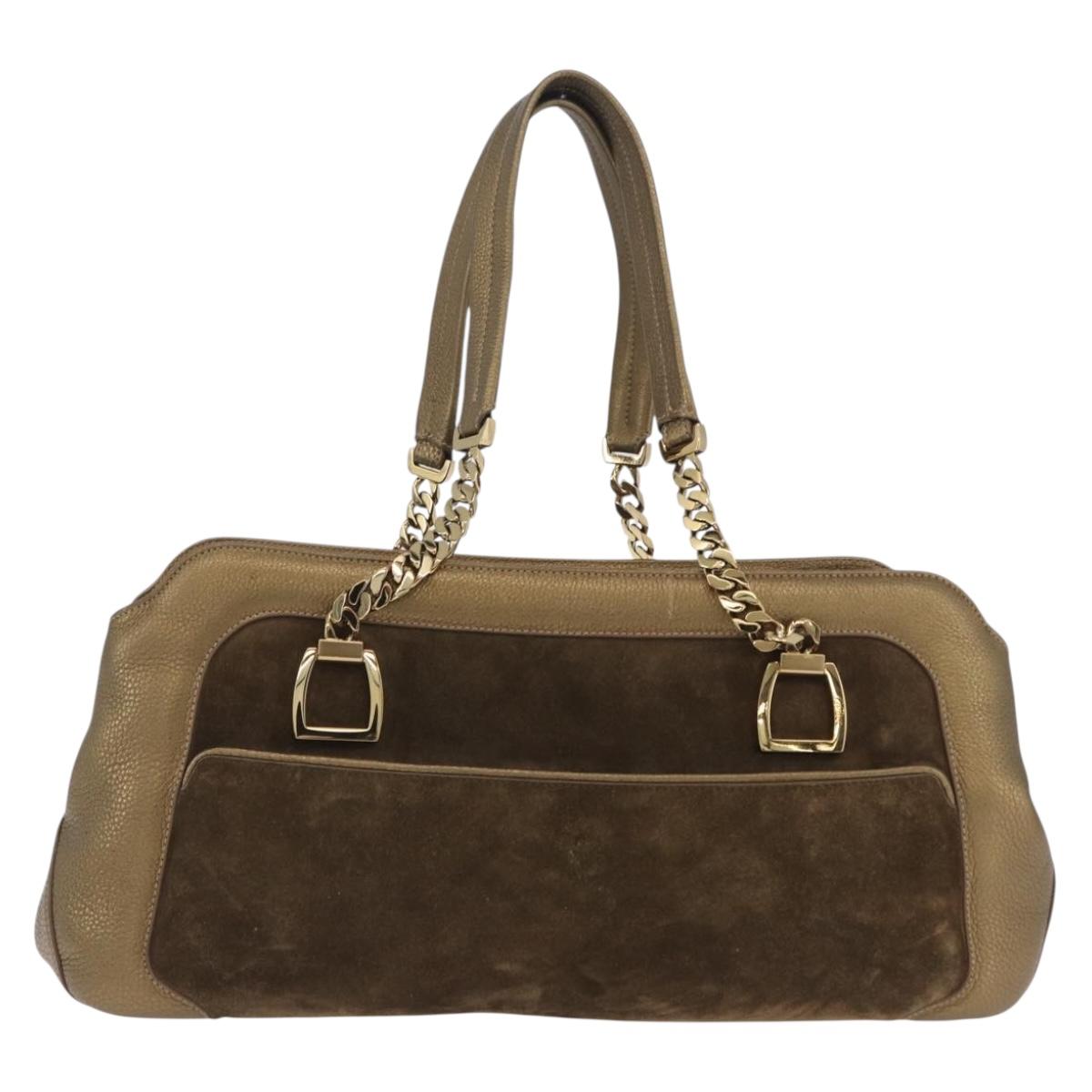 CARTIER Shoulder Bag Suede Green Gold Auth 203184V