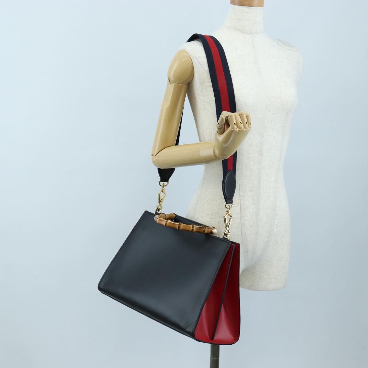 GUCCI Bamboo Sherry Line Hand Bag Leather 2way Black Gold 453764 Auth 203194V