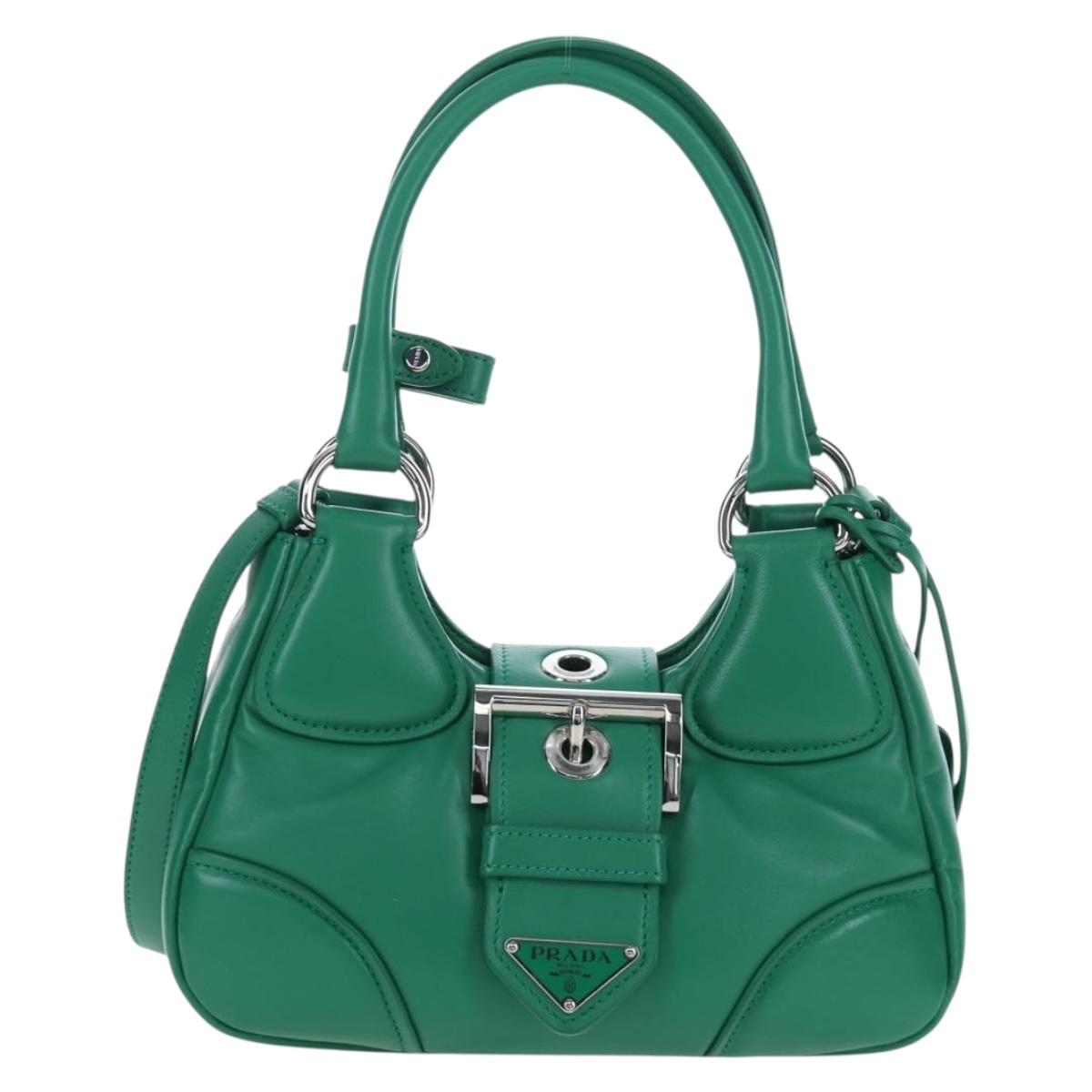 PRADA Moon Paddock Hand Bag Leather 2way Green Silver Auth 203196SAM