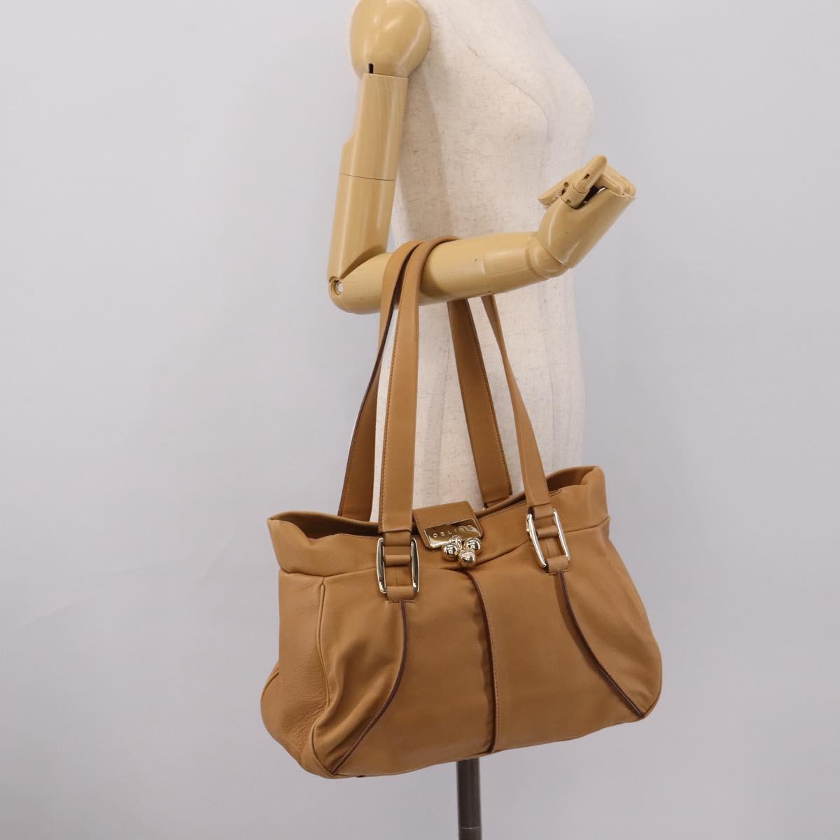 CELINE Shoulder Bag Leather Beige Gold Auth 203198A