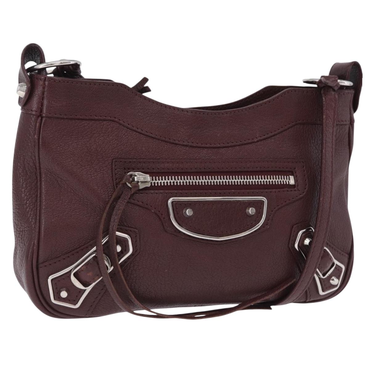 BALENCIAGA Giant Hip Shoulder Bag Leather Bordeaux Silver 390164 Auth 203199V