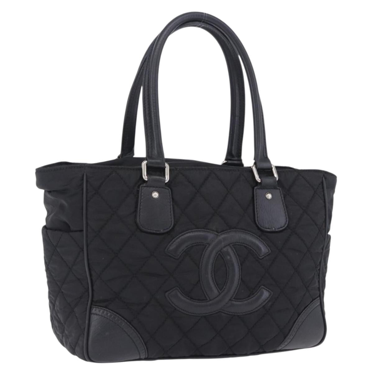 CHANEL Paris New York Line Matelasse Tote Bag Nylon Black Silver CC Auth 203206A