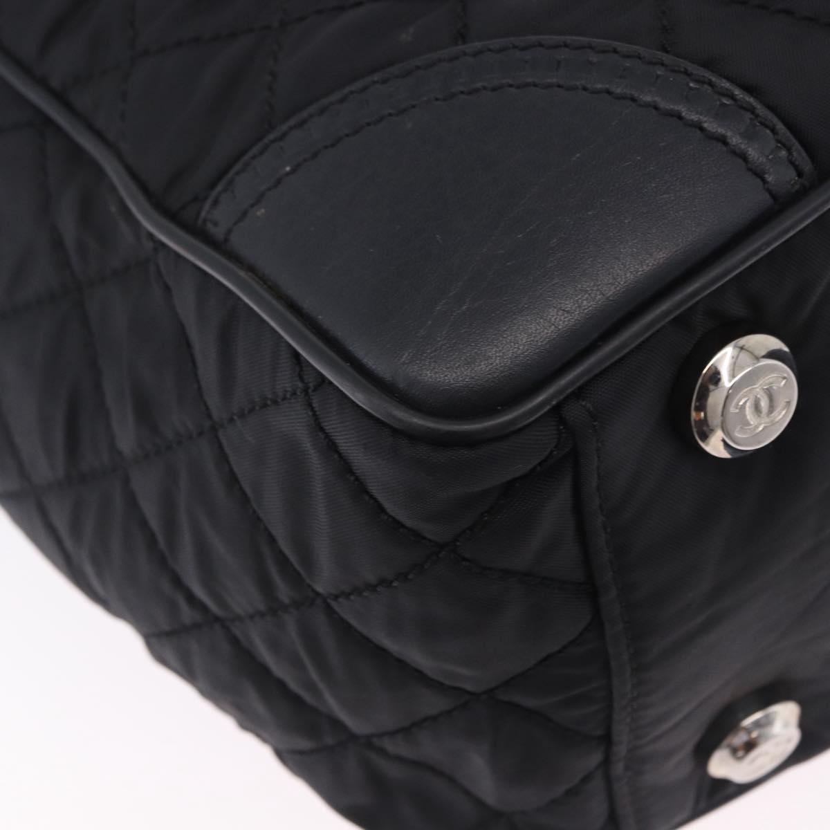 CHANEL Paris New York Line Matelasse Tote Bag Nylon Black Silver CC Auth 203206A