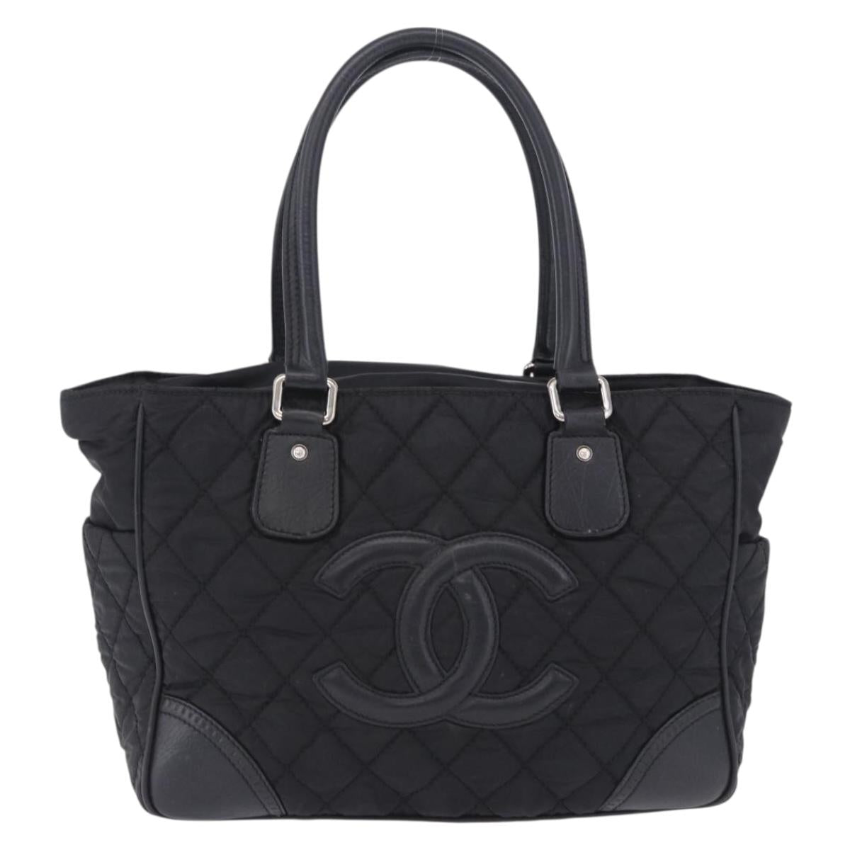 CHANEL Paris New York Line Matelasse Tote Bag Nylon Black Silver CC Auth 203206A