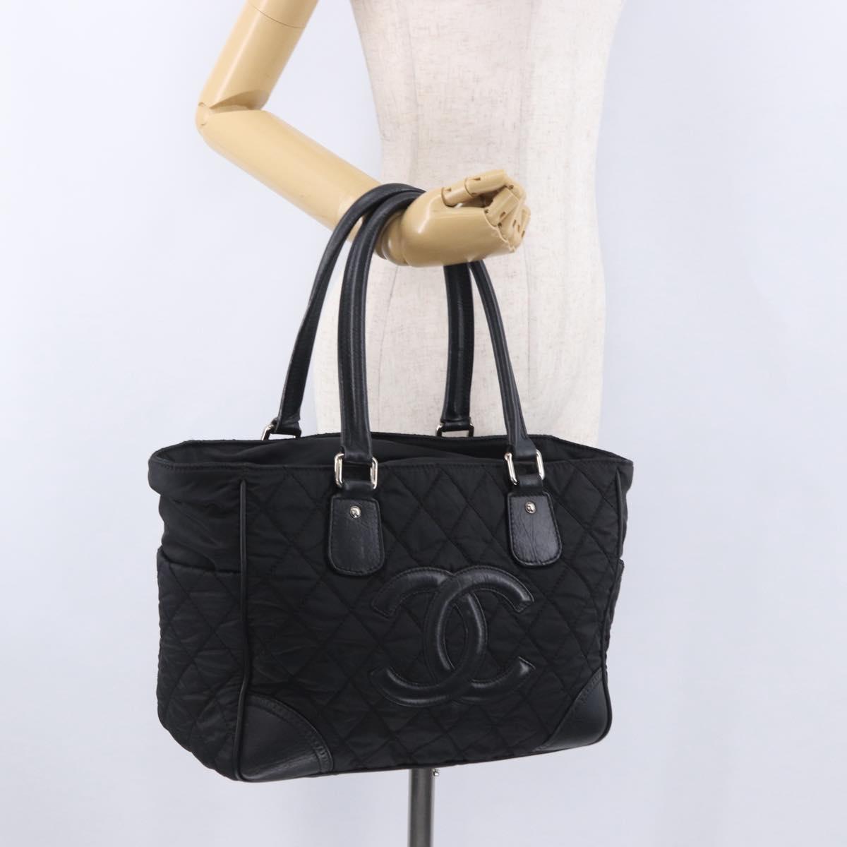 CHANEL Paris New York Line Matelasse Tote Bag Nylon Black Silver CC Auth 203206A