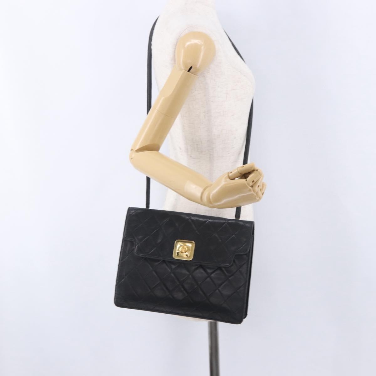 CHANEL Matelasse Shoulder Bag Lamb Skin Black Gold CC Auth 203208