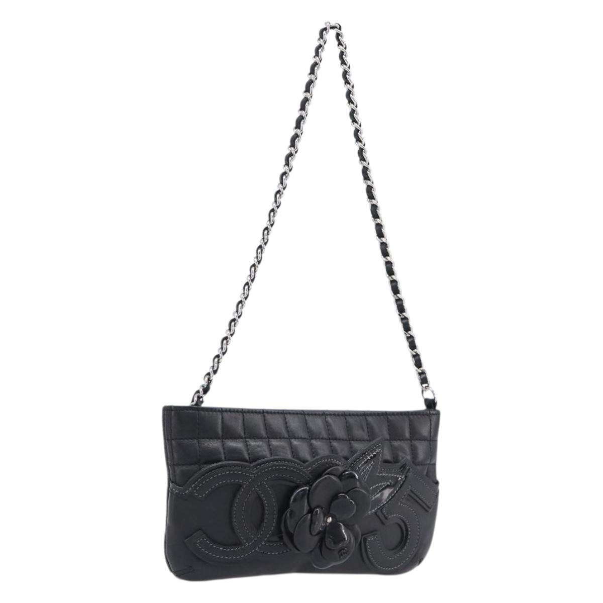 CHANEL Choco Bar line COCO Mark Chain Bag Leather Black Silver CC Auth 203211V