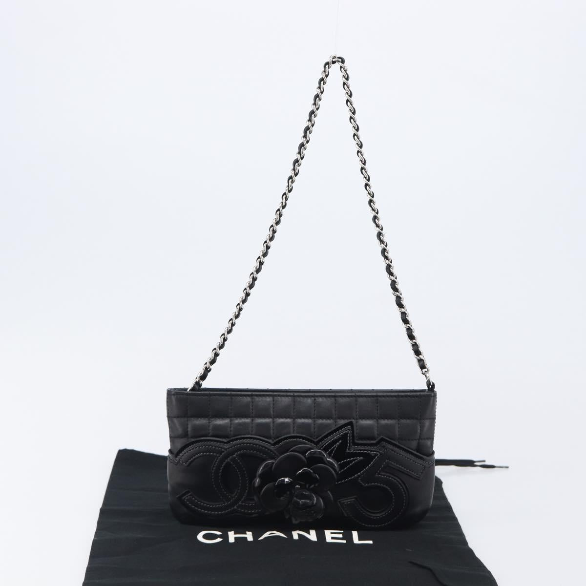 CHANEL Choco Bar line COCO Mark Chain Bag Leather Black Silver CC Auth 203211V
