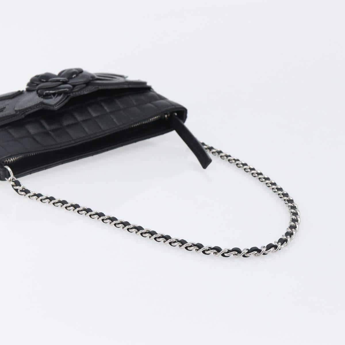 CHANEL Choco Bar line COCO Mark Chain Bag Leather Black Silver CC Auth 203211V