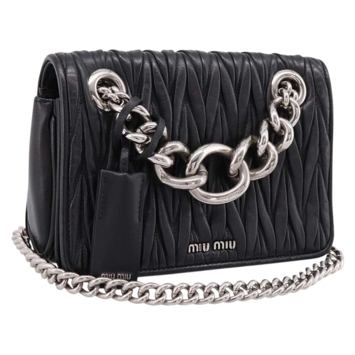 Miu Miu Matelasse Chain Shoulder Bag Leather Black Silver Auth 203216V