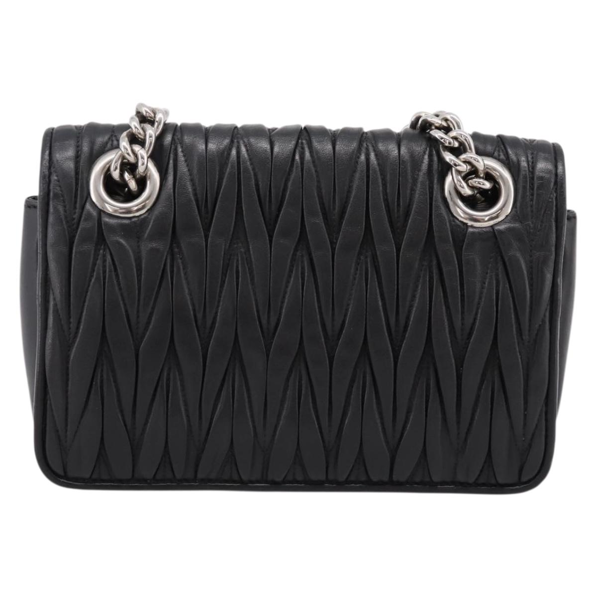 Miu Miu Matelasse Chain Shoulder Bag Leather Black Silver Auth 203216V