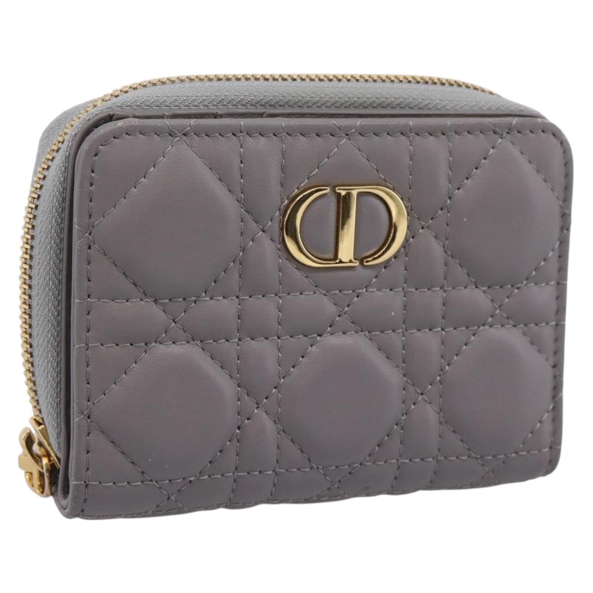 Christian Dior Caro Bifold Wallet Leather Gray Gold Auth 203223M