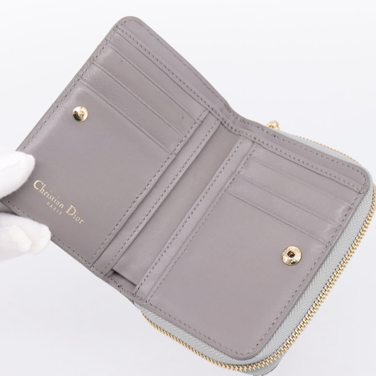 Christian Dior Caro Bifold Wallet Leather Gray Gold Auth 203223M