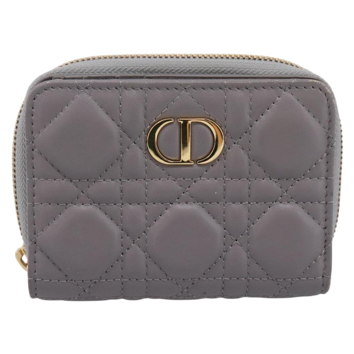 Christian Dior Caro Bifold Wallet Leather Gray Gold Auth 203223M