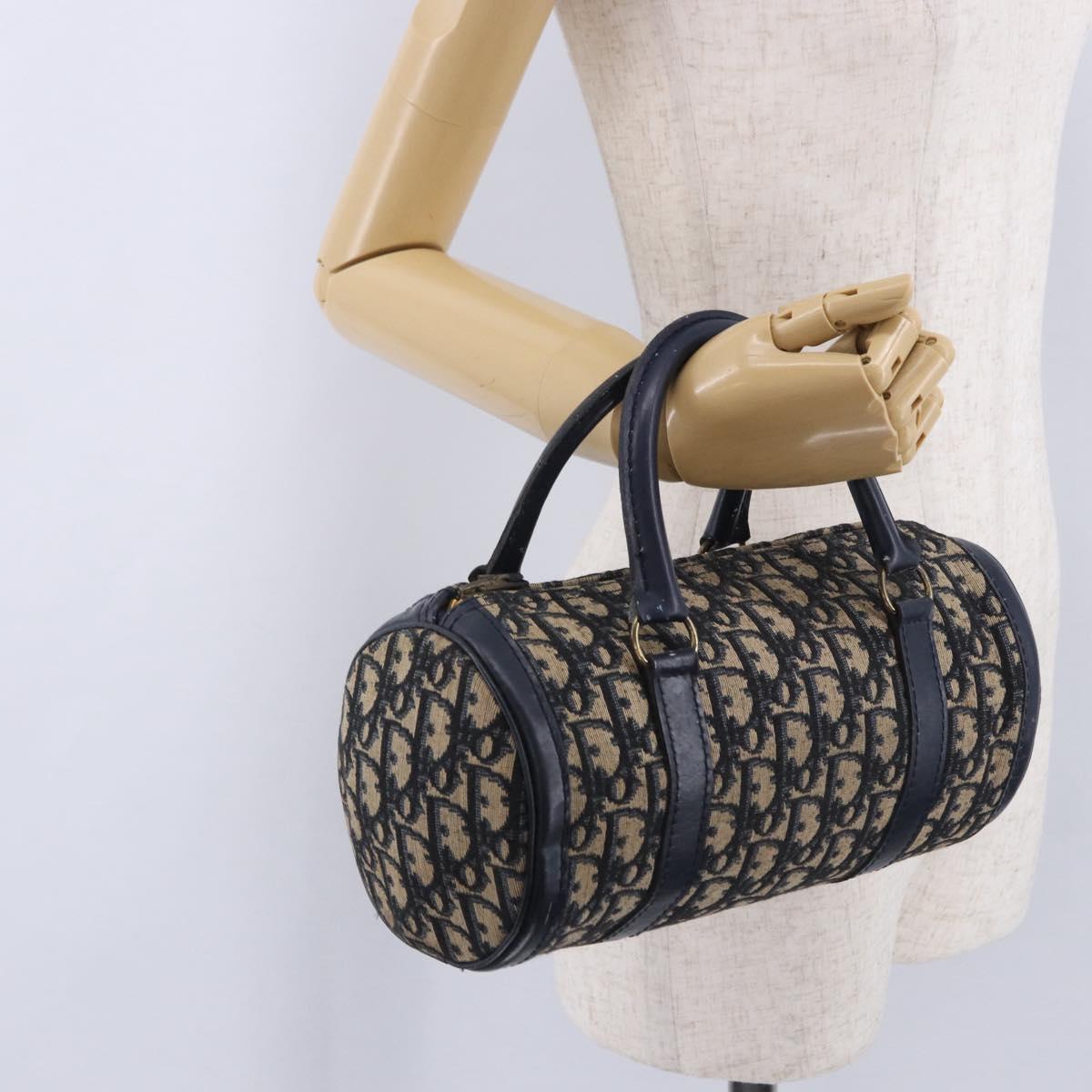 Christian Dior Trotter Canvas Hand Bag Navy Gold Auth 203227