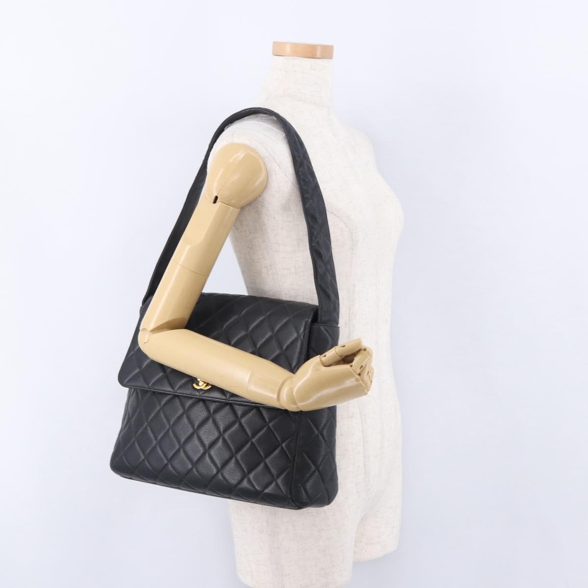 CHANEL Matelasse Turn Lock Shoulder Bag Caviar Skin Black Gold CC Auth 203228V