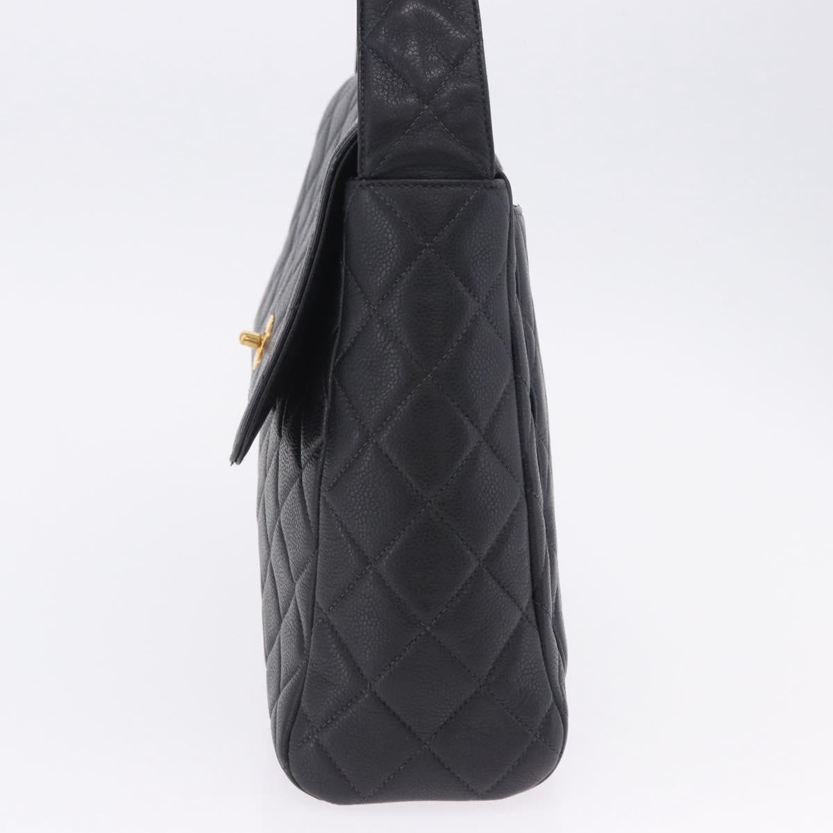 CHANEL Matelasse Turn Lock Shoulder Bag Caviar Skin Black Gold CC Auth 203228V