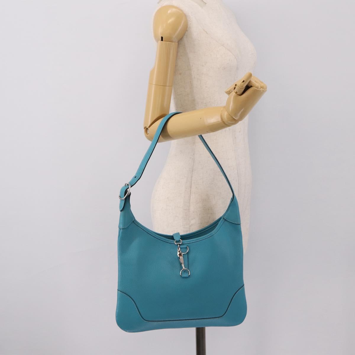 HERMES Trim 31 Shoulder Bag Leather Light Blue Silver Auth 203229V