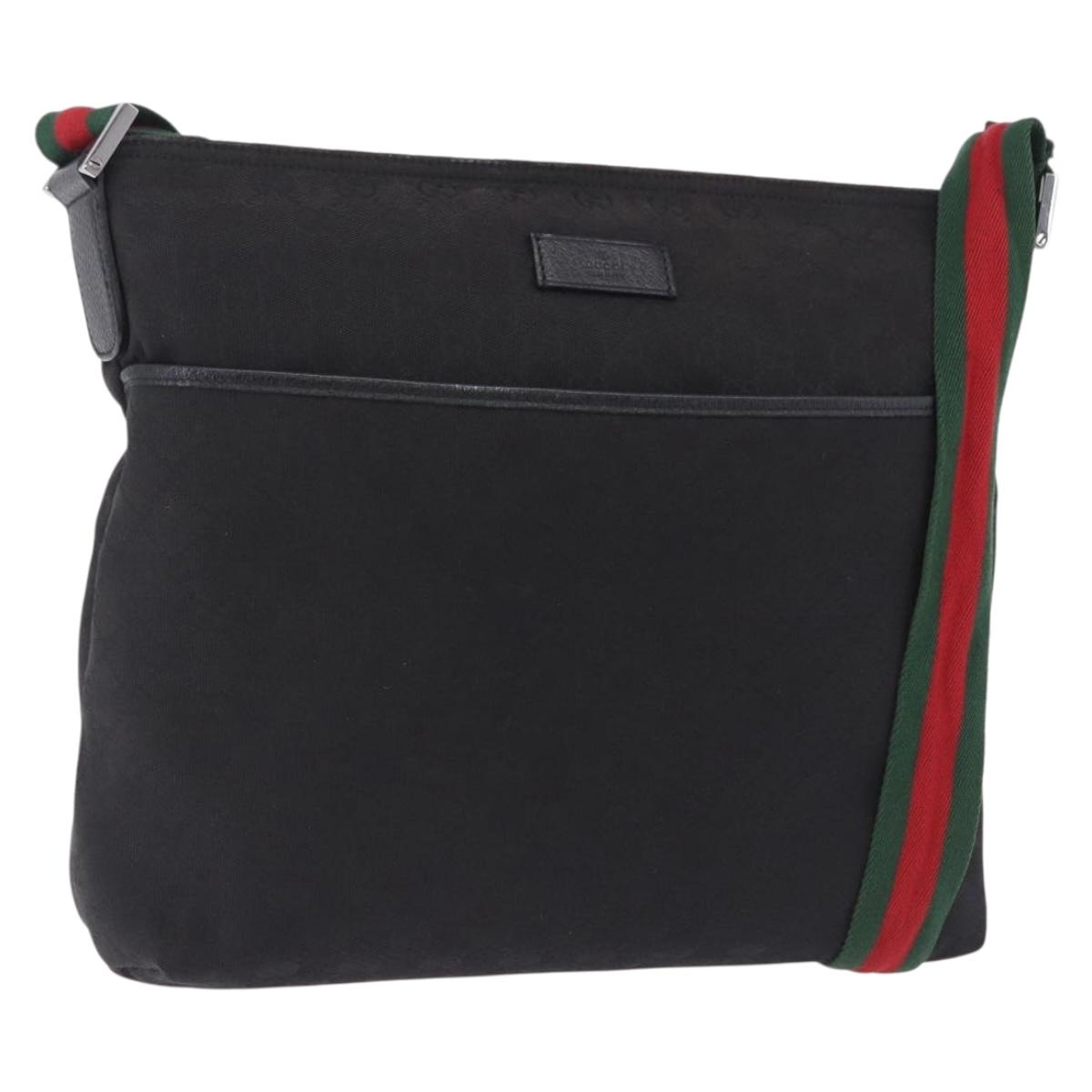 GUCCI GG Canvas Web Sherry Line Shoulder Bag Black Silver 189751 Auth 203232A
