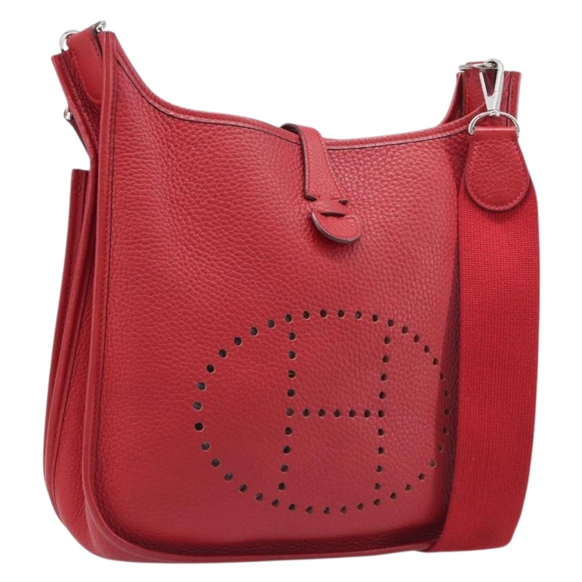 HERMES Evelyn 2 PM Shoulder Bag Taurillon Clemence Red Silver Auth 203233V