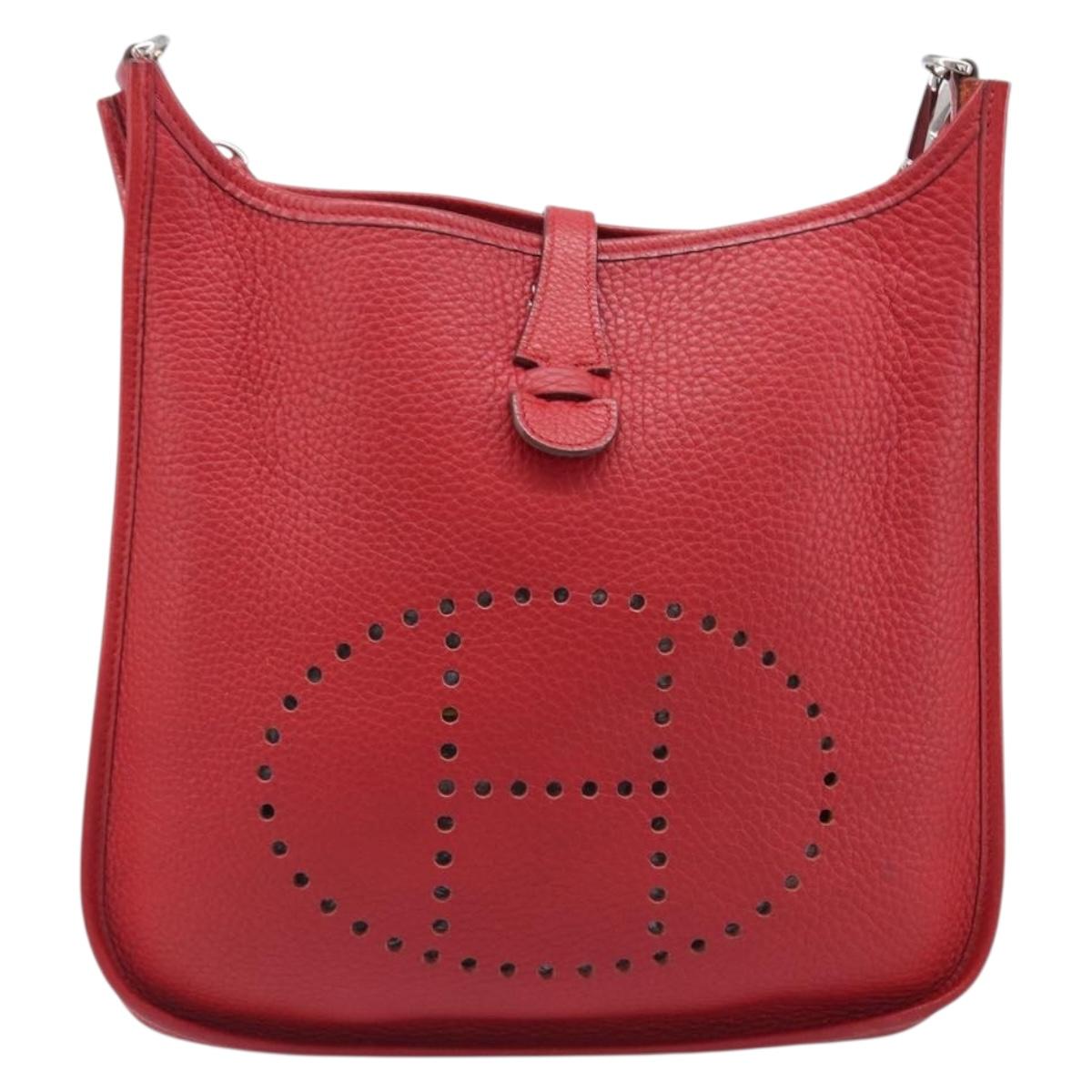 HERMES Evelyn 2 PM Shoulder Bag Taurillon Clemence Red Silver Auth 203233V